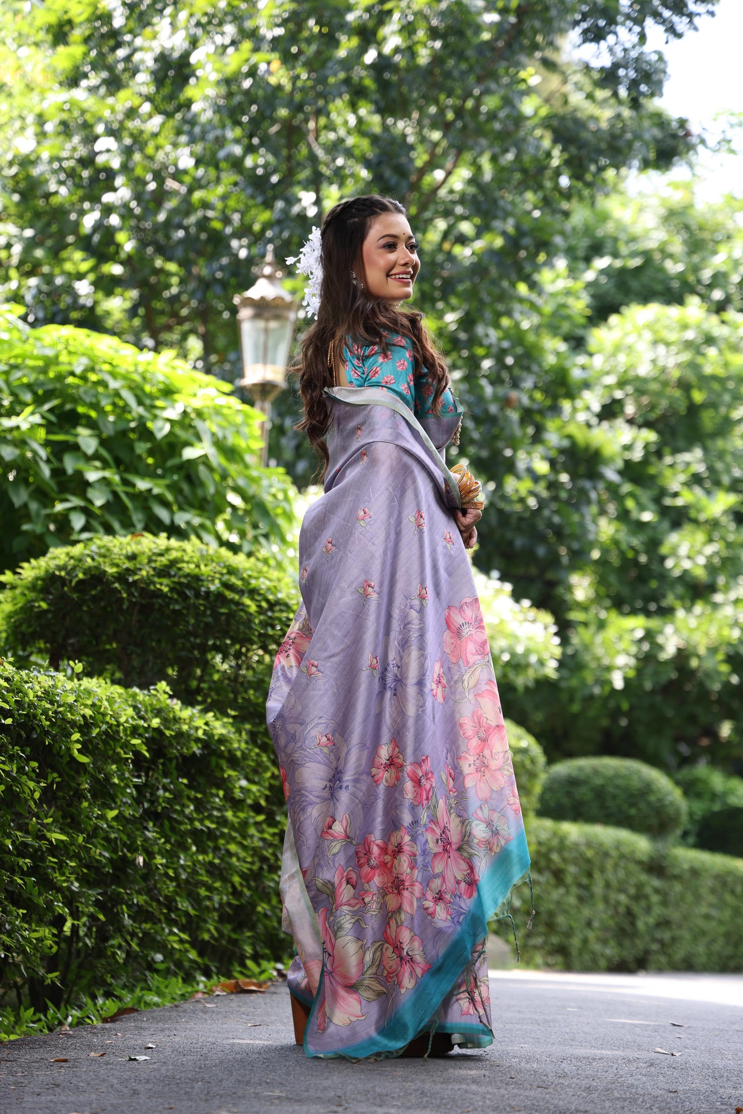 Soft Tussar Silk Saree with Floral Print - PURPLE