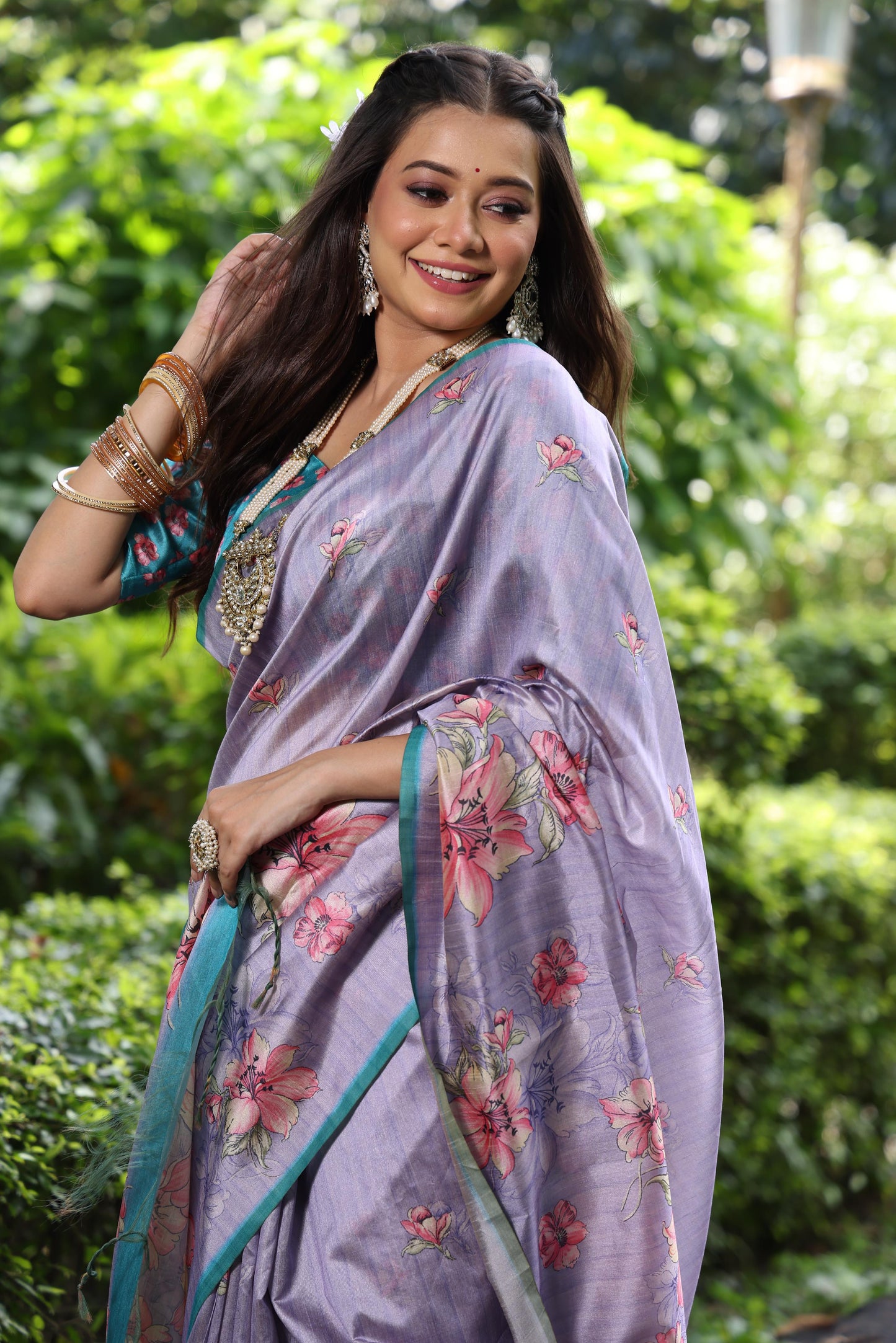 Soft Tussar Silk Saree with Floral Print - PURPLE