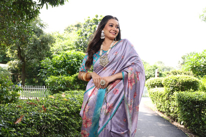 Soft Tussar Silk Saree with Floral Print - PURPLE
