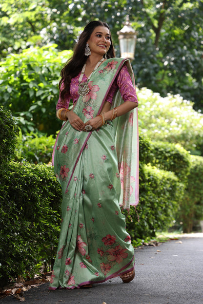Soft Tussar Silk Saree with Floral Print - PISTA