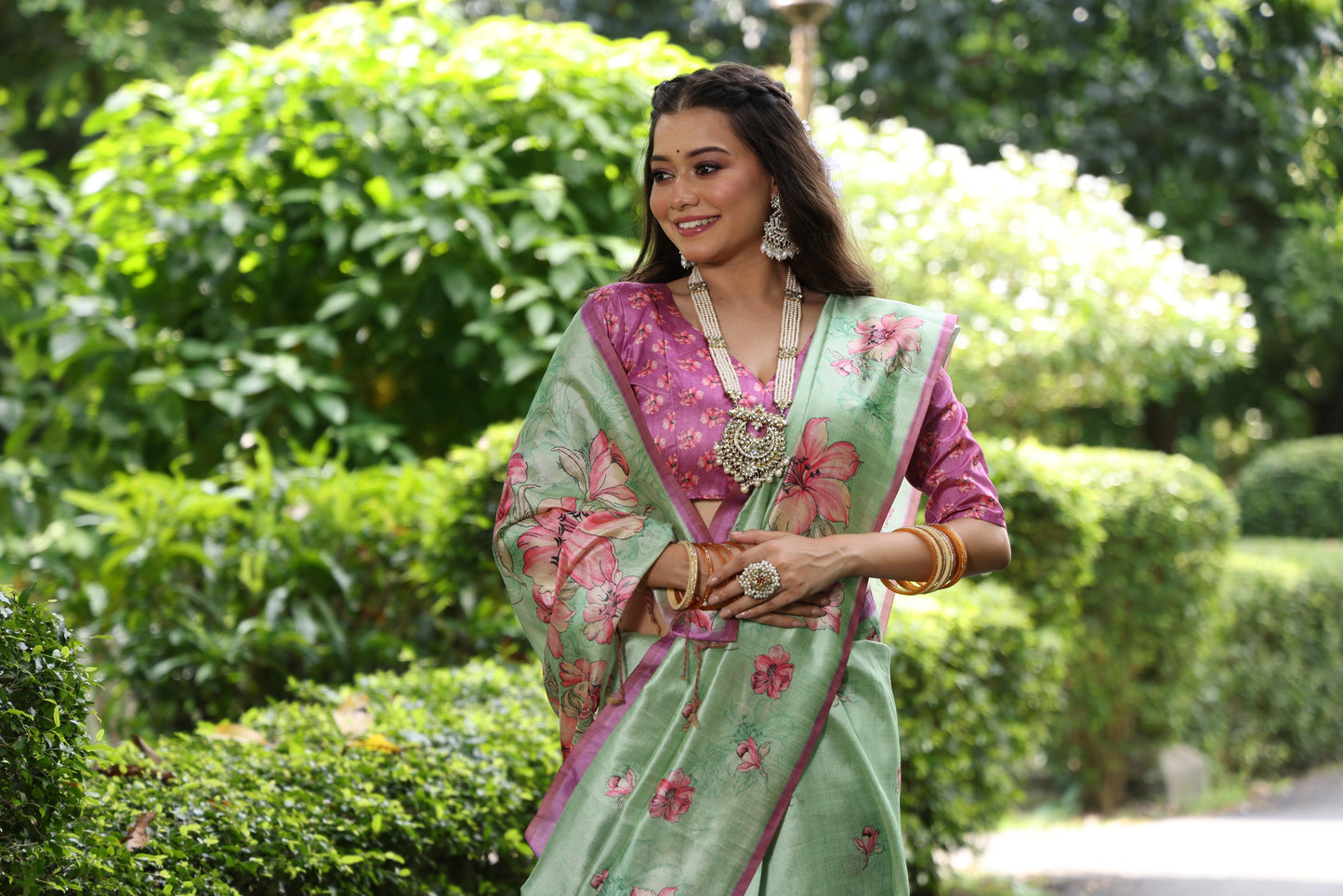 Soft Tussar Silk Saree with Floral Print - PISTA