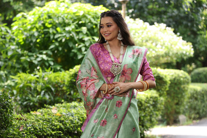 Soft Tussar Silk Saree with Floral Print - PISTA