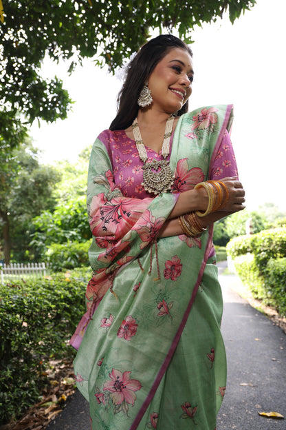 Soft Tussar Silk Saree with Floral Print - PISTA