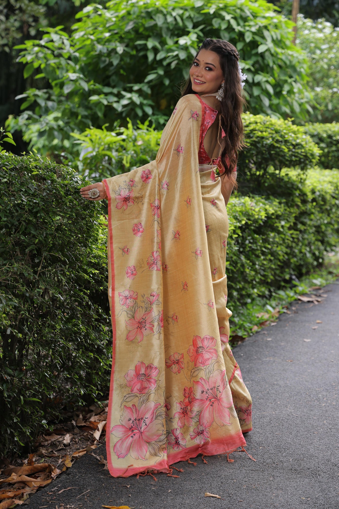 Soft Tussar Silk Saree with Floral Print - YELLOW