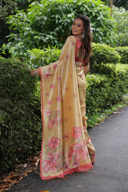 Soft Tussar Silk Saree with Floral Print - YELLOW