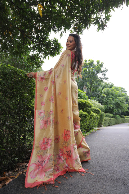 Soft Tussar Silk Saree with Floral Print - YELLOW