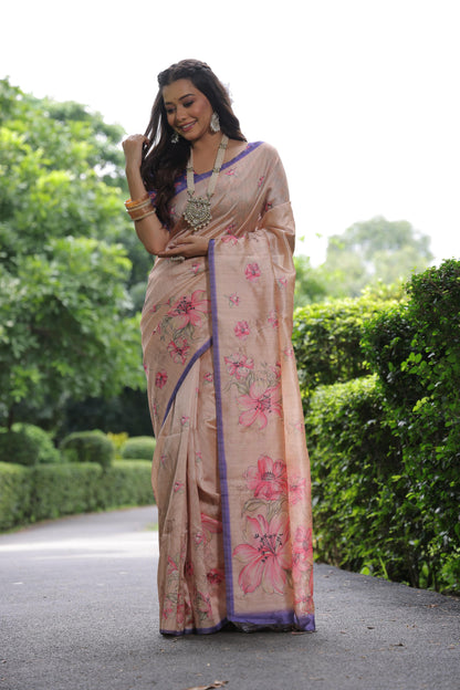 Soft Tussar Silk Saree with Floral Print - CREAM