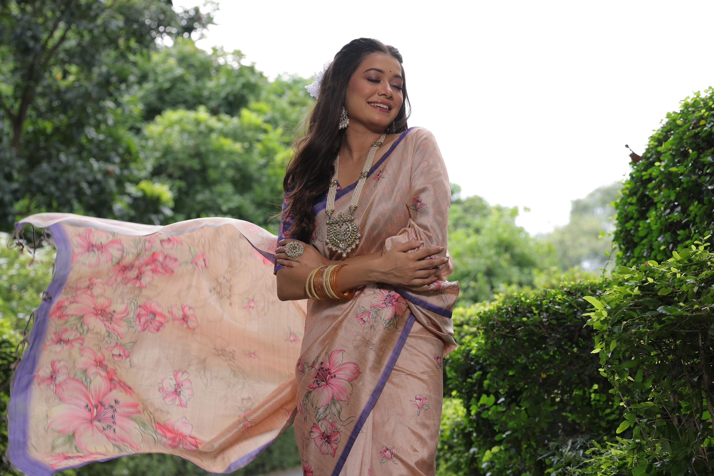 Soft Tussar Silk Saree with Floral Print - CREAM