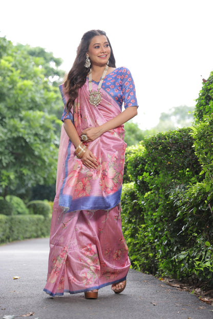 Soft Tussar Silk Saree with Floral Print - PINK