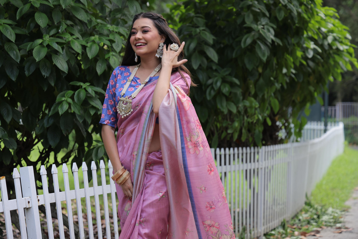Soft Tussar Silk Saree with Floral Print - PINK