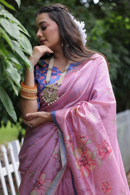 Soft Tussar Silk Saree with Floral Print - PINK