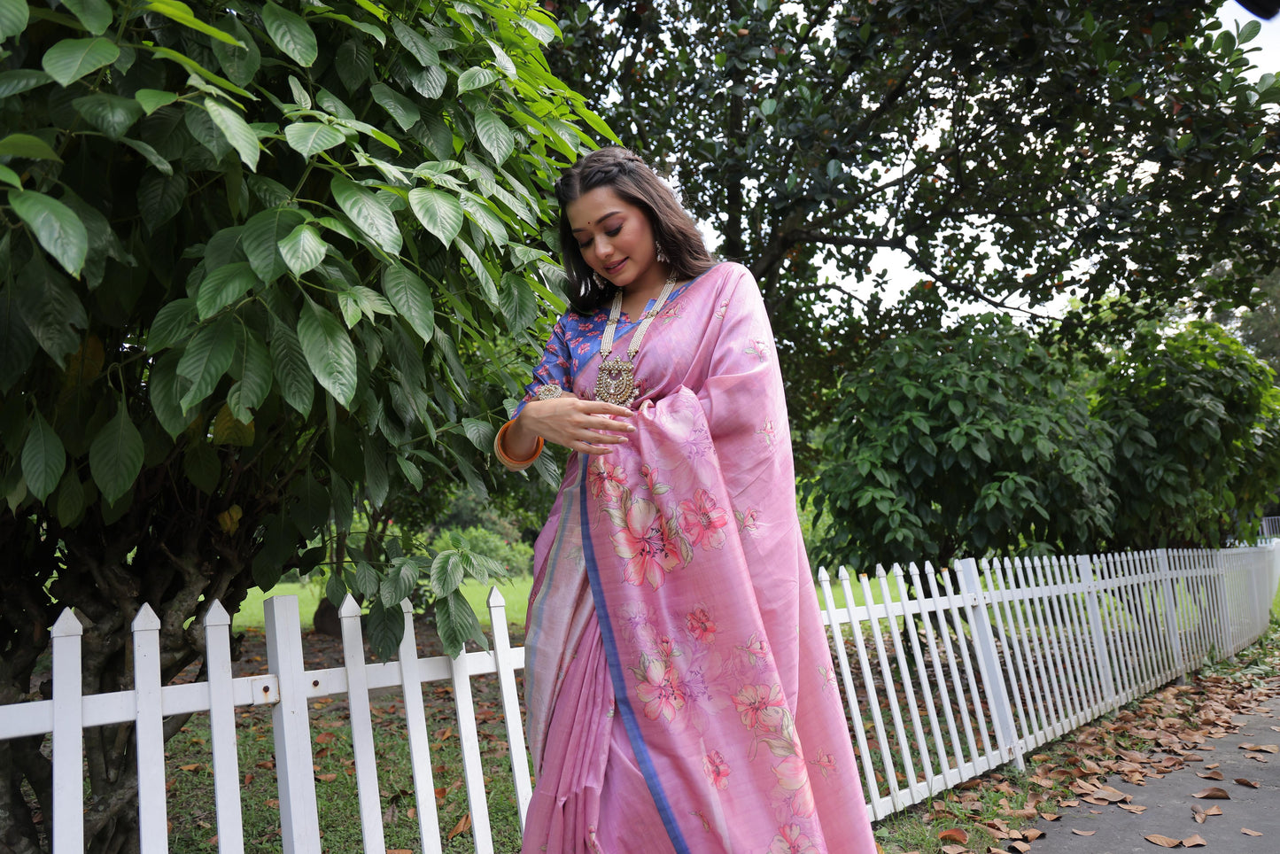Soft Tussar Silk Saree with Floral Print - PINK