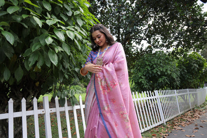 Soft Tussar Silk Saree with Floral Print - PINK
