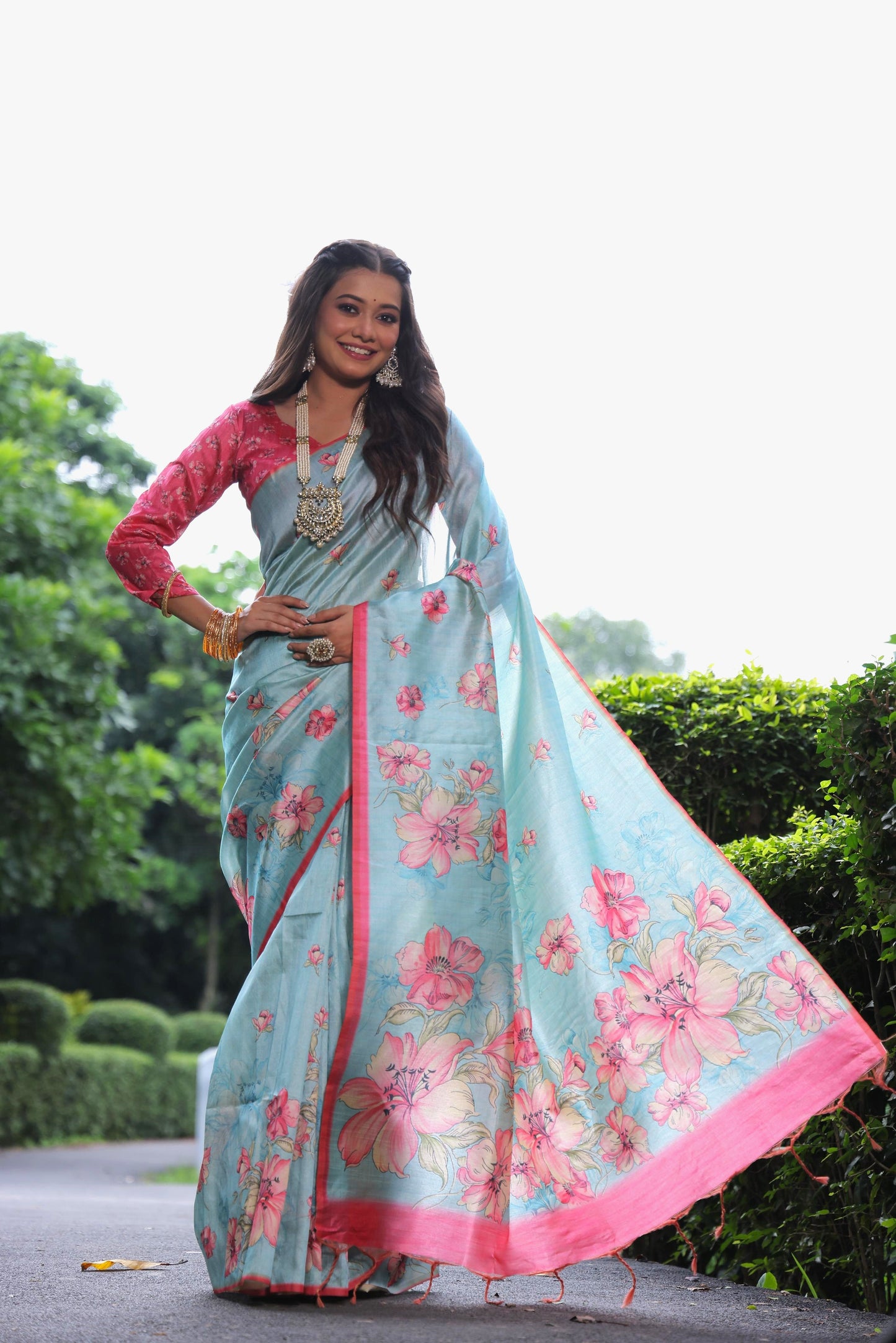 Soft Tussar Silk Saree with Floral Print - FIROJI