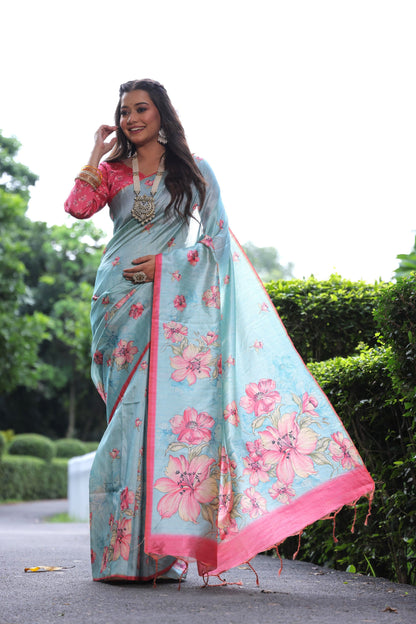Soft Tussar Silk Saree with Floral Print - FIROJI