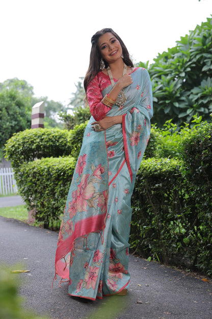 Soft Tussar Silk Saree with Floral Print - FIROJI