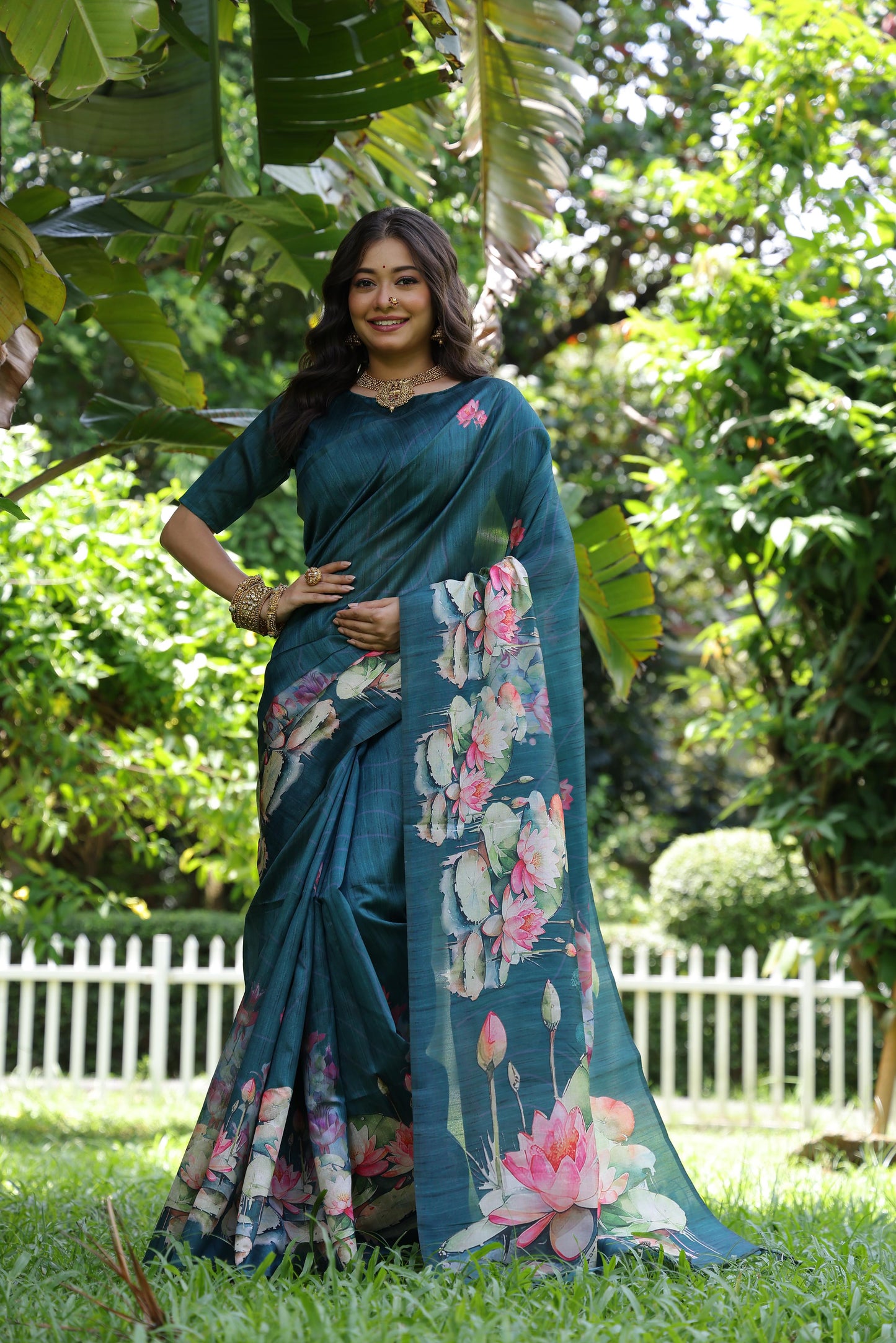 Soft Tussar Silk Saree with Lotus Print - RAMA
