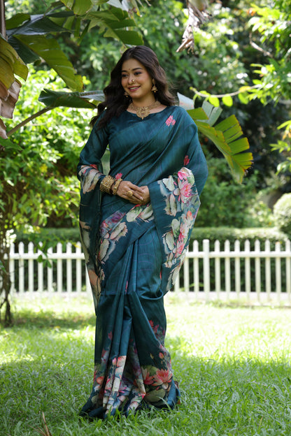 Soft Tussar Silk Saree with Lotus Print - RAMA
