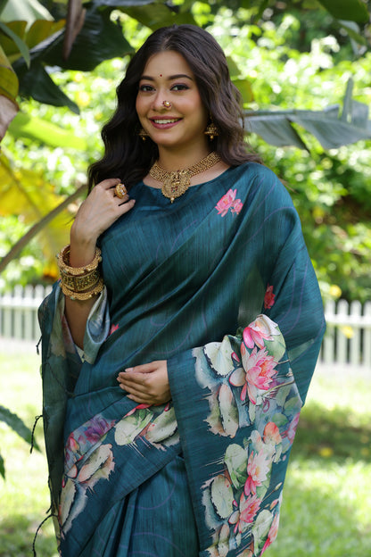 Soft Tussar Silk Saree with Lotus Print - RAMA