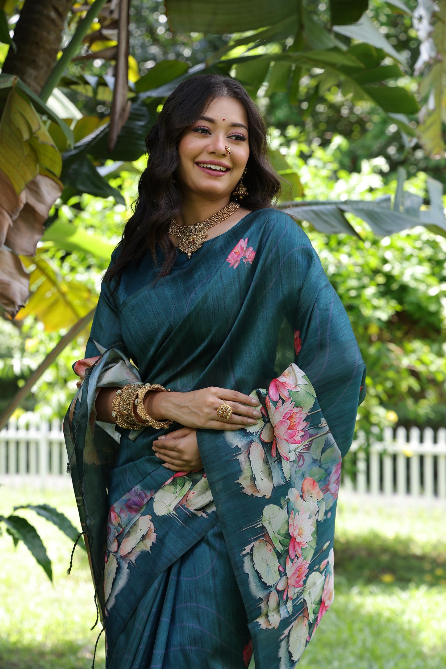Soft Tussar Silk Saree with Lotus Print - RAMA