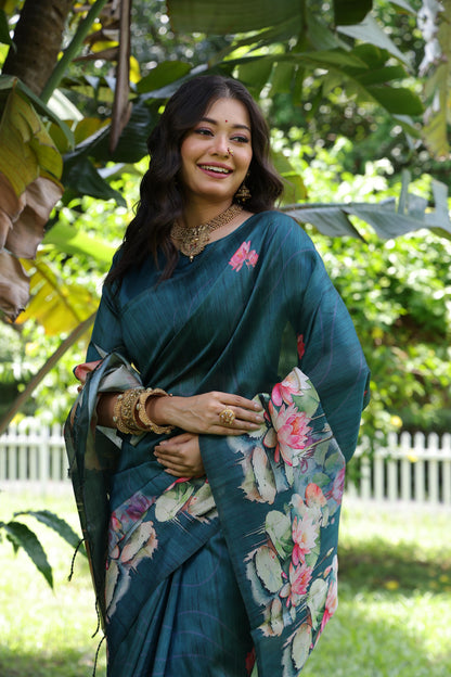 Soft Tussar Silk Saree with Lotus Print - RAMA