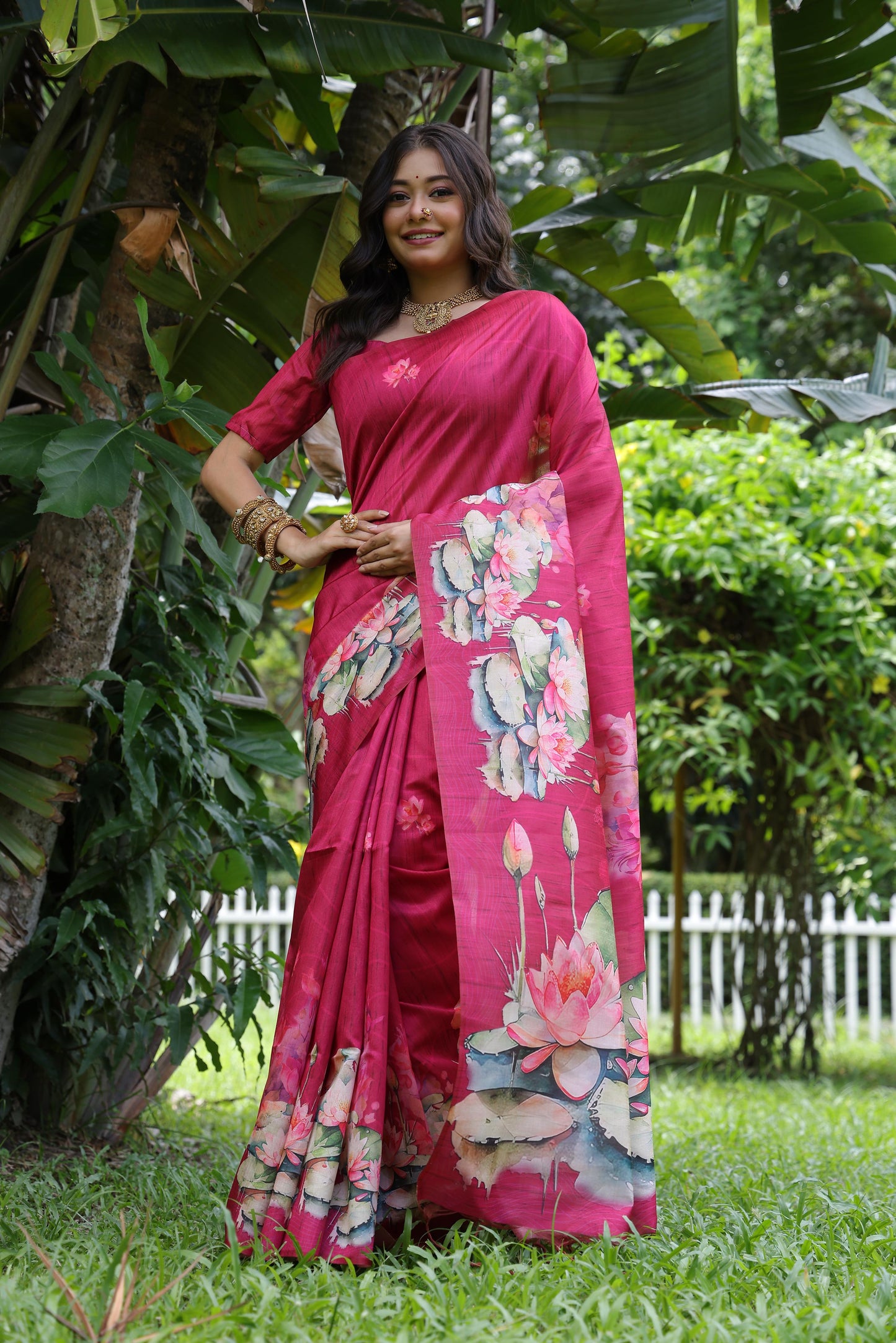 Soft Tussar Silk Saree with Lotus Print - PINK
