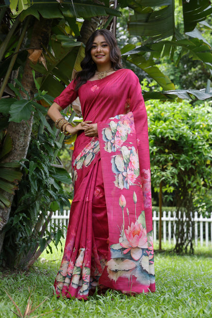 Soft Tussar Silk Saree with Lotus Print - PINK