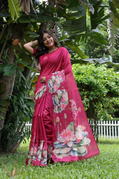 Soft Tussar Silk Saree with Lotus Print - PINK