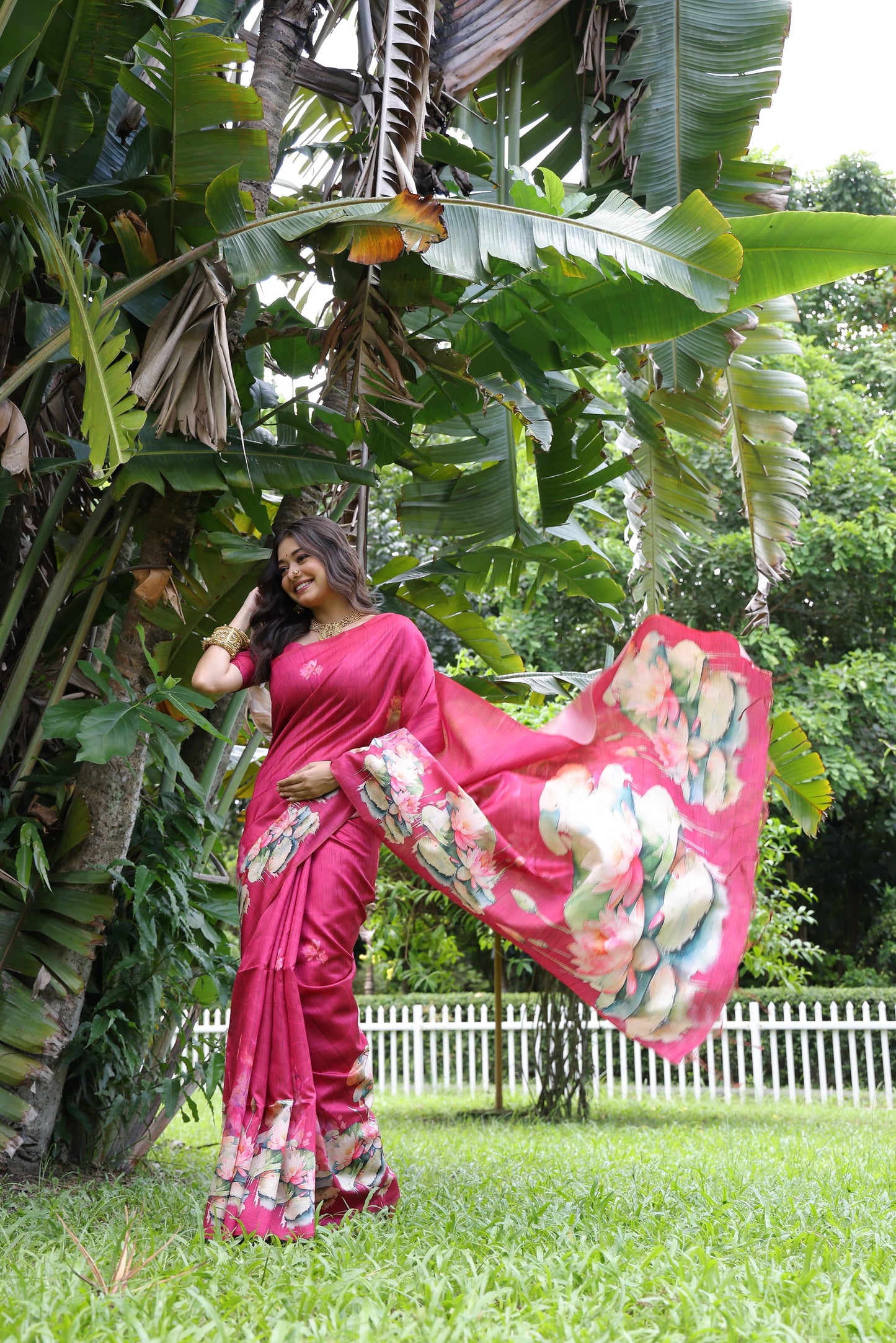 Soft Tussar Silk Saree with Lotus Print - PINK