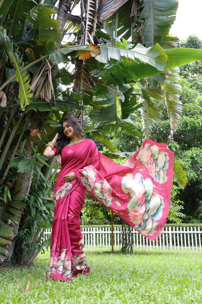 Soft Tussar Silk Saree with Lotus Print - PINK