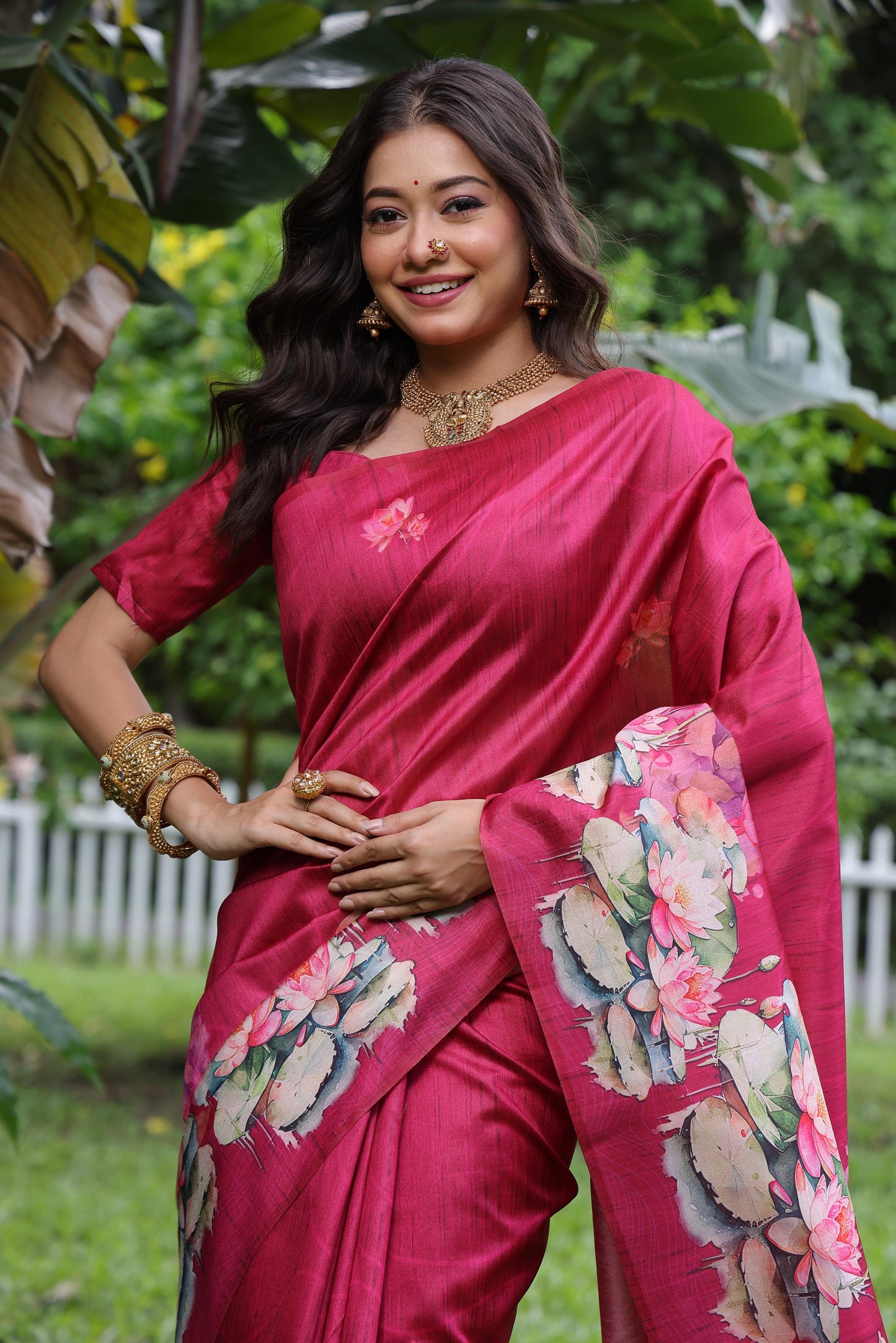 Soft Tussar Silk Saree with Lotus Print - PINK