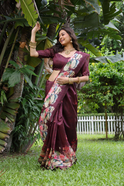 Soft Tussar Silk Saree with Lotus Print - BROWN