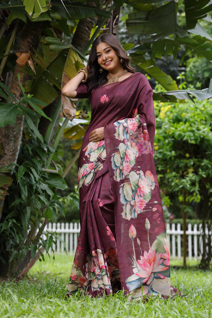Soft Tussar Silk Saree with Lotus Print - BROWN