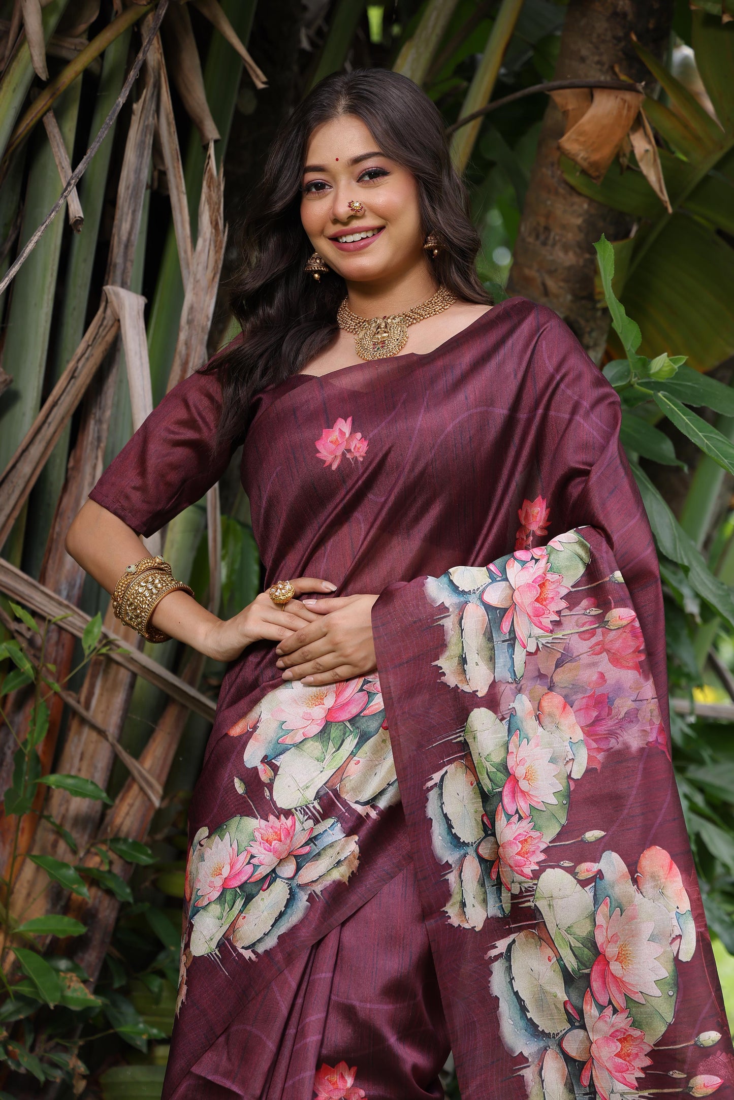 Soft Tussar Silk Saree with Lotus Print - BROWN