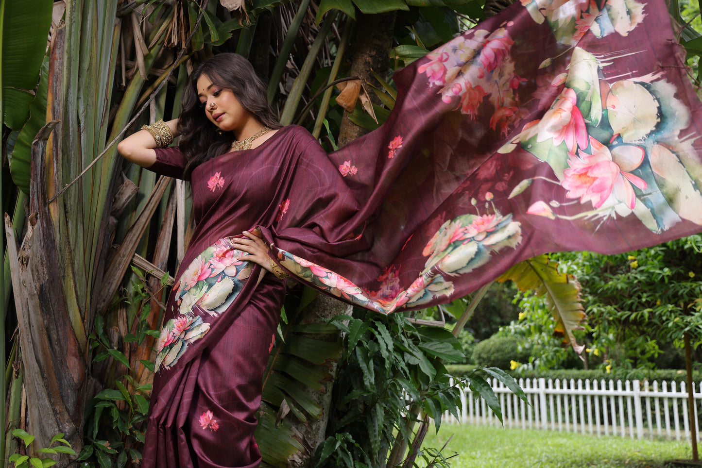 Soft Tussar Silk Saree with Lotus Print - BROWN