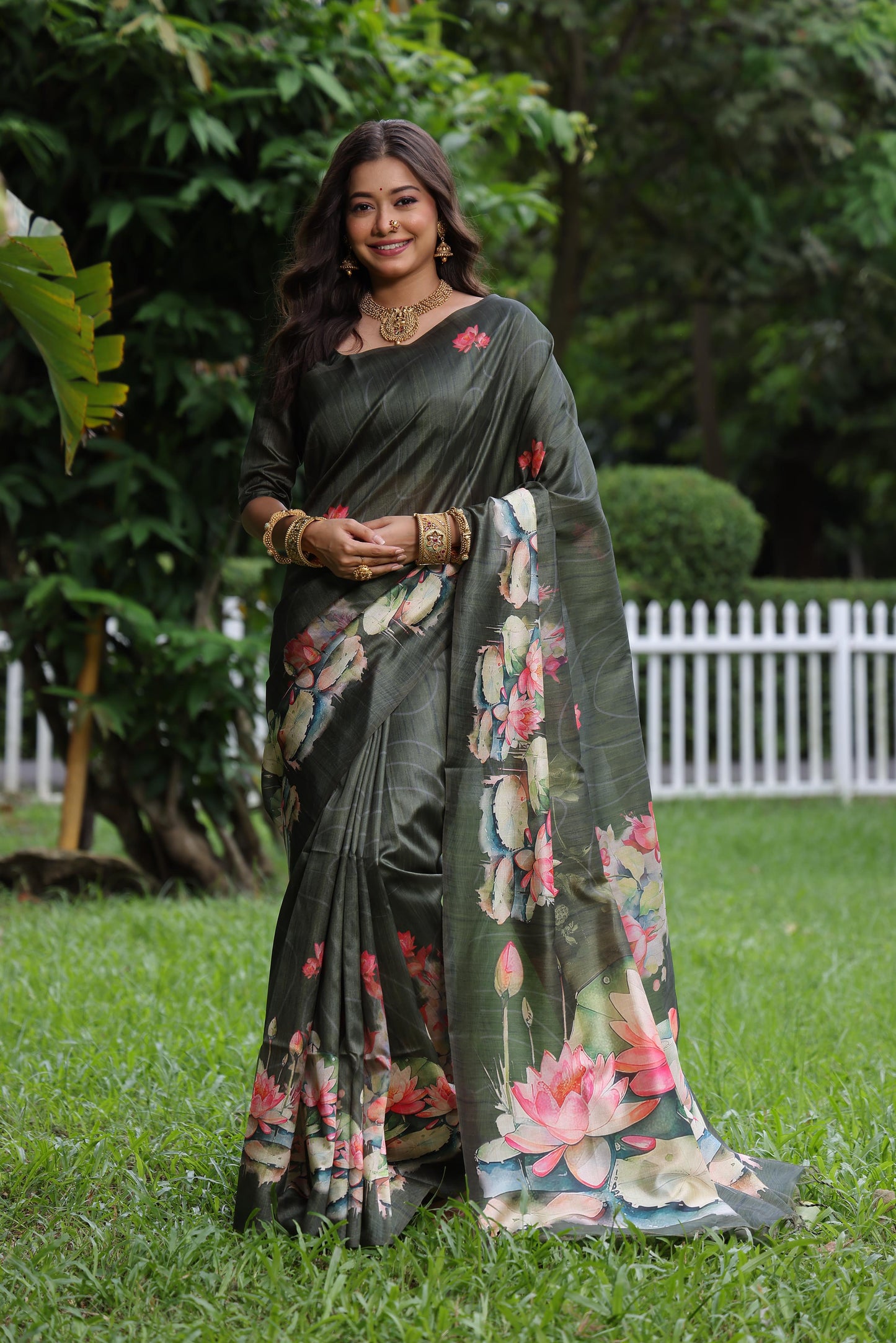 Soft Tussar Silk Saree with Lotus Print - MEHNDI
