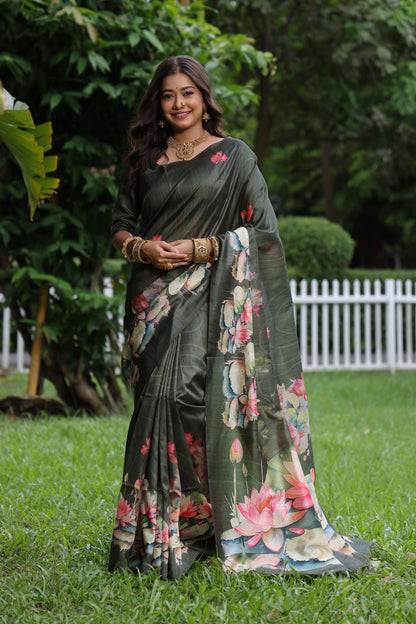 Soft Tussar Silk Saree with Lotus Print - MEHNDI