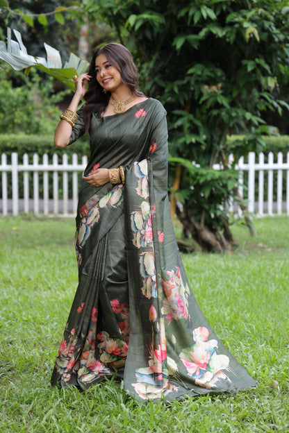 Soft Tussar Silk Saree with Lotus Print - MEHNDI
