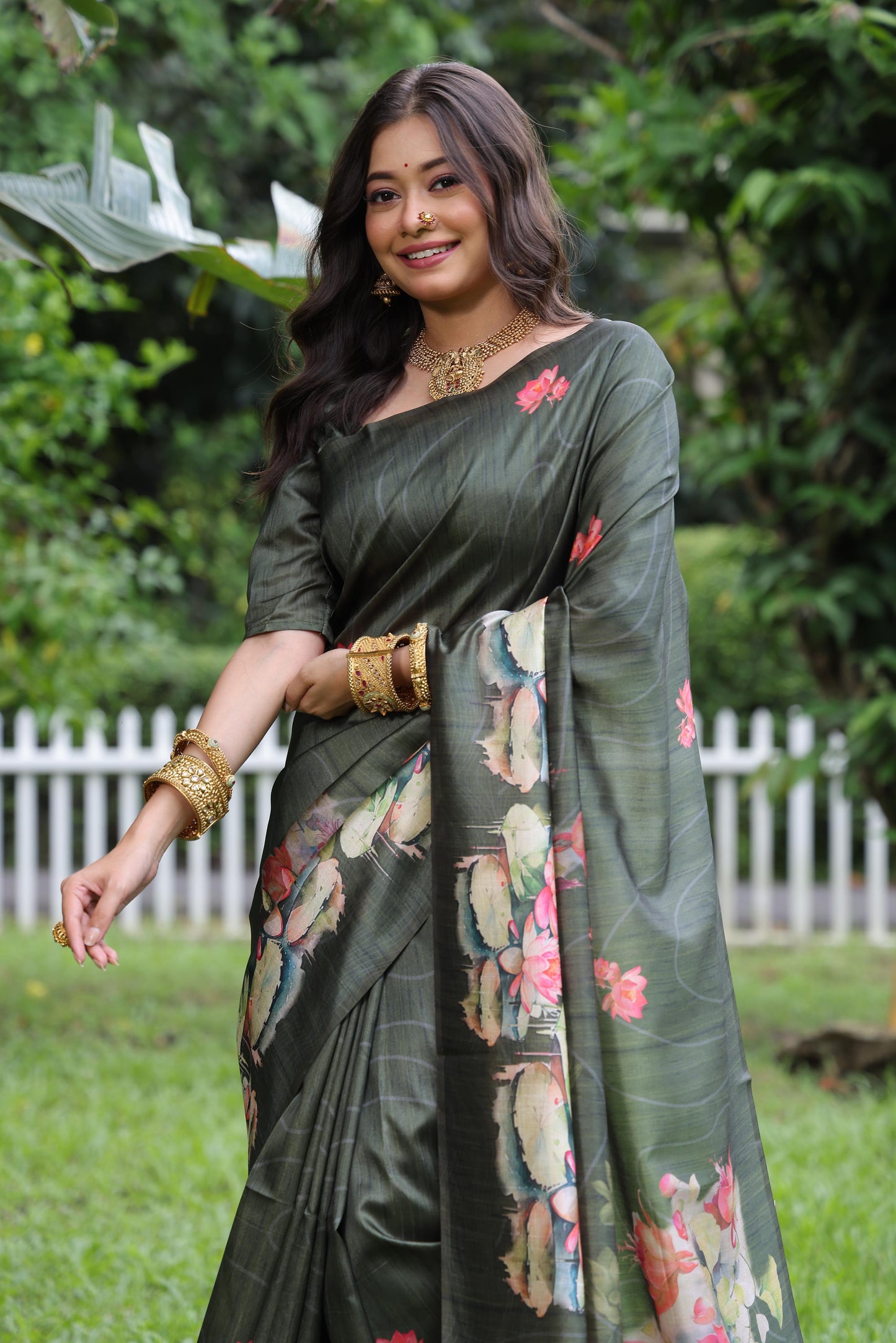 Soft Tussar Silk Saree with Lotus Print - MEHNDI