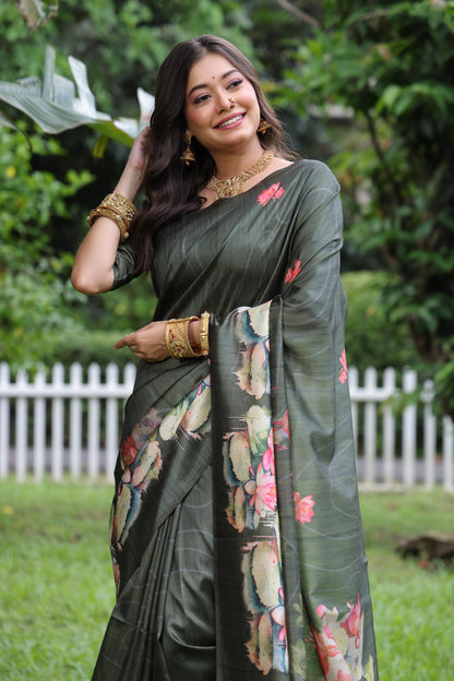 Soft Tussar Silk Saree with Lotus Print - MEHNDI