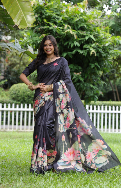 Soft Tussar Silk Saree with Lotus Print - BLACK