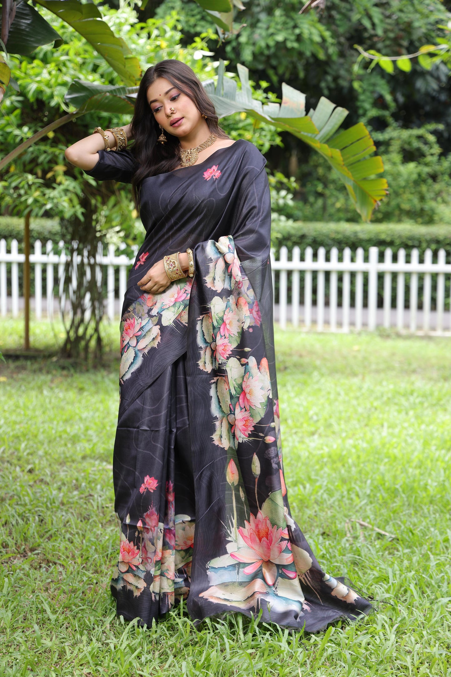 Soft Tussar Silk Saree with Lotus Print - BLACK