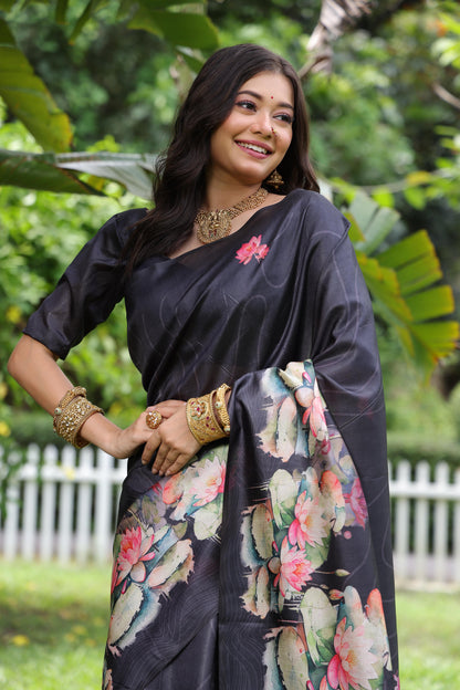 Soft Tussar Silk Saree with Lotus Print - BLACK