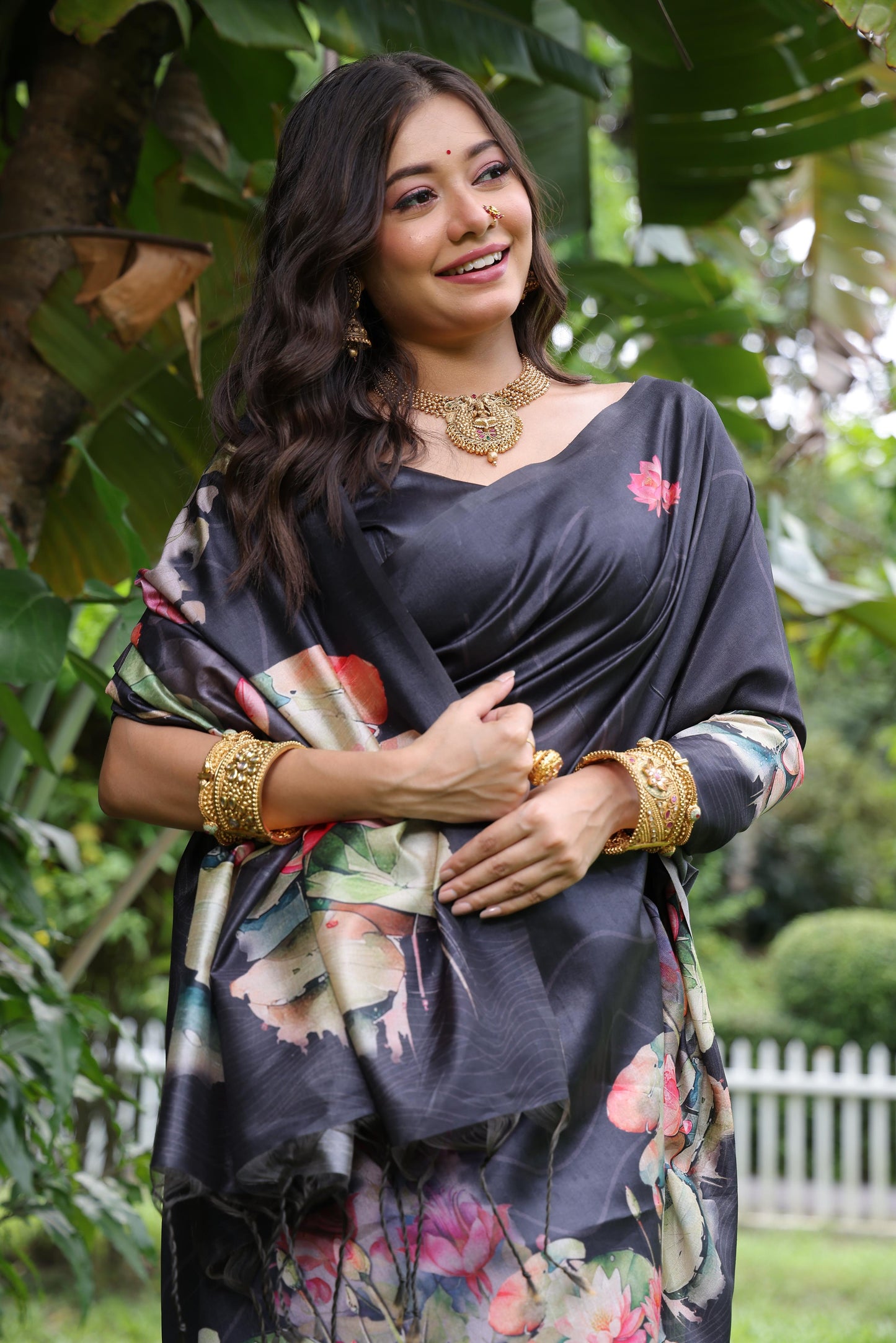 Soft Tussar Silk Saree with Lotus Print - BLACK