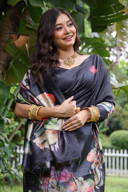 Soft Tussar Silk Saree with Lotus Print - BLACK