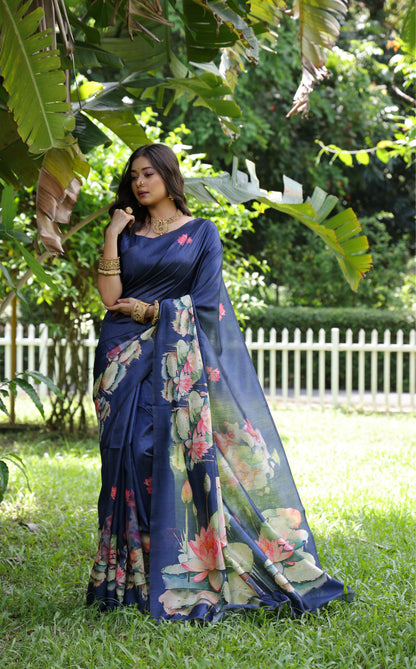 Soft Tussar Silk Saree with Lotus Print - BLUE