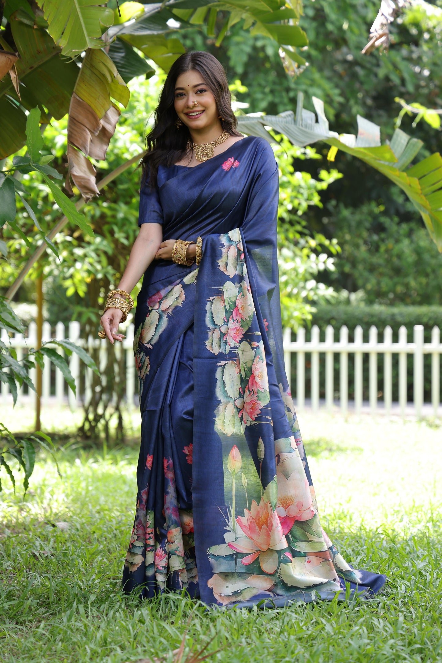 Soft Tussar Silk Saree with Lotus Print - BLUE