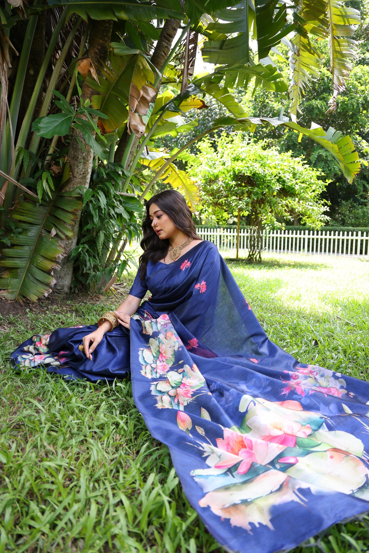 Soft Tussar Silk Saree with Lotus Print - BLUE