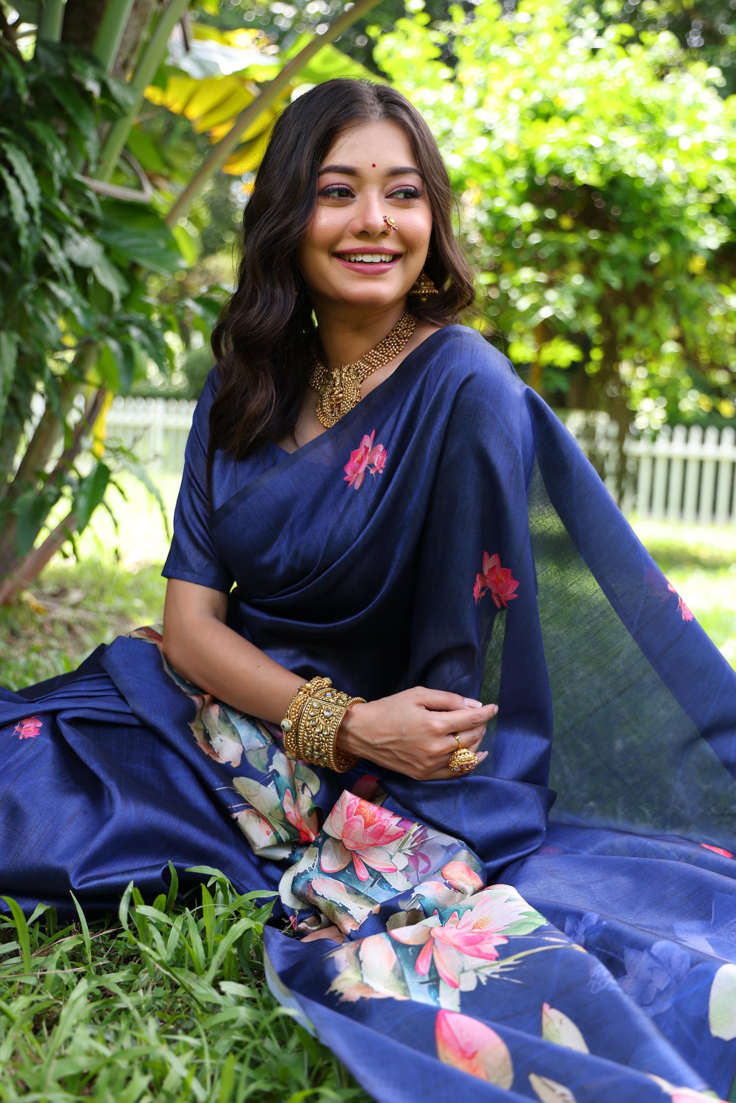 Soft Tussar Silk Saree with Lotus Print - BLUE
