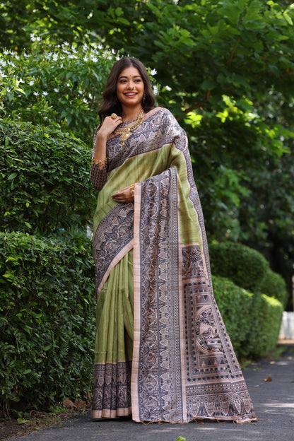 Tussar Silk Madhubani 109- GREEN